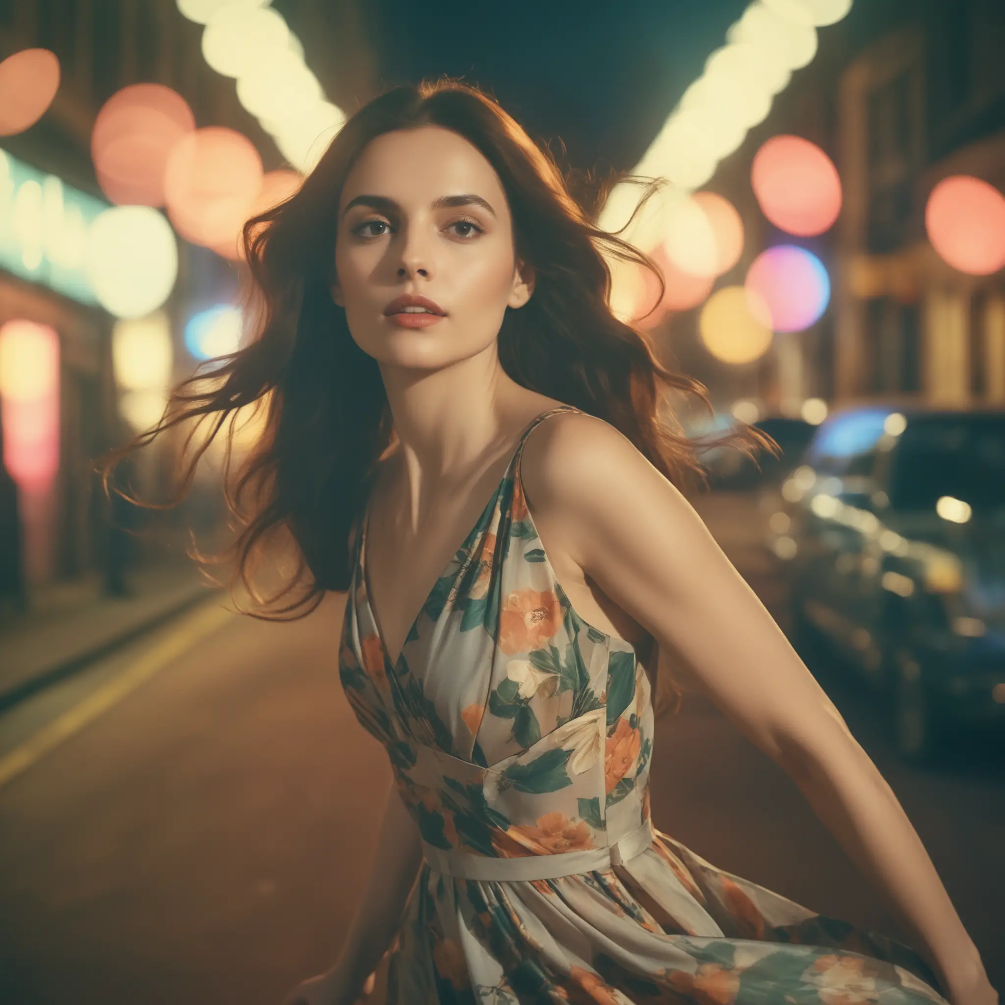 Portrait cinématographique d’une femme avec des lumières bokeh nocturnes