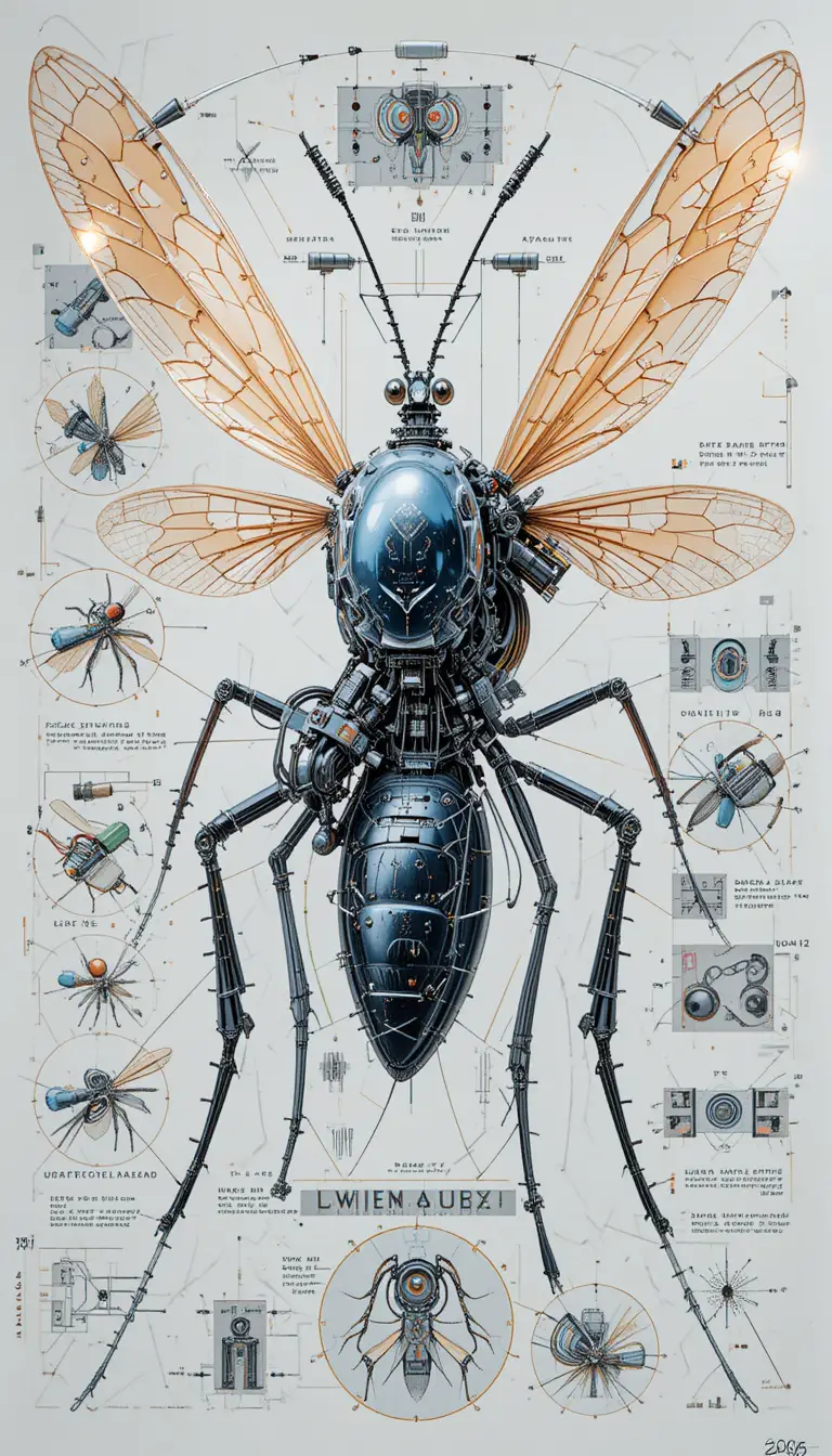 Illustrazione tecnica di un design futuristico di zanzara meccanica