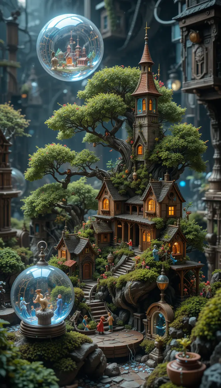 Villaggio bonsai steampunk all'interno di sfere di cristallo luminose