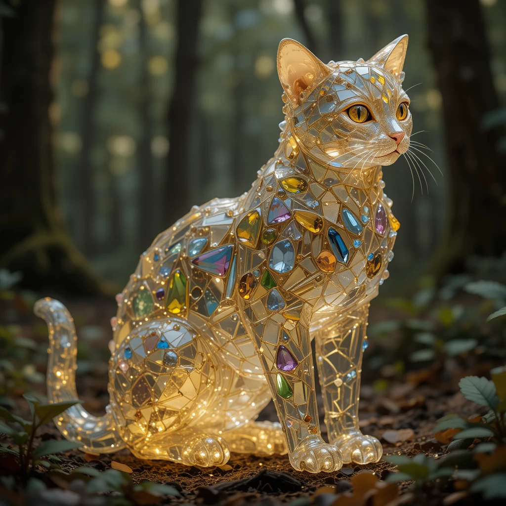 Kristallkatze aus Edelsteinen wandert durch einen Wald