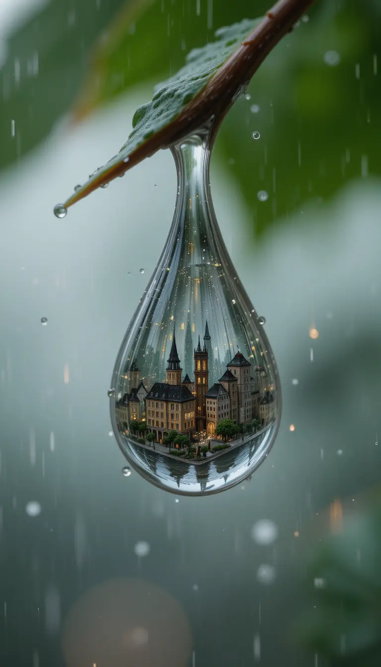 Ville miniature suspendue dans une goutte de pluie lumineuse