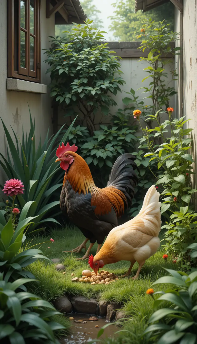 Coq et poule se nourrissant ensemble dans un coin de jardin luxuriant