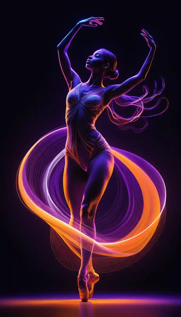 Neon dancer in motion with swirling light trails