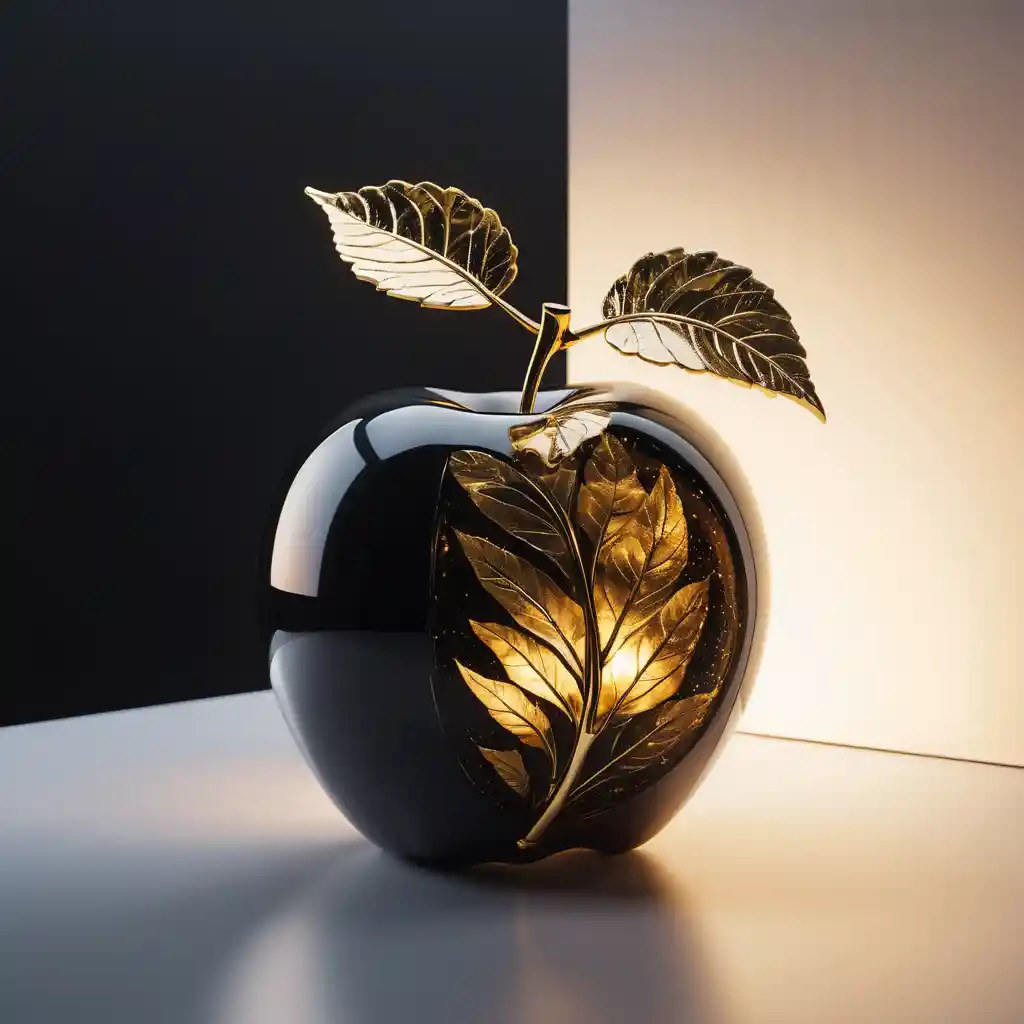 Glowing Glass Apple With Golden Stem In Dark Space