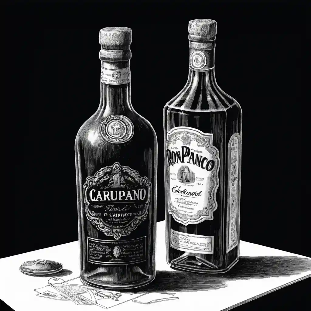 Hand drawn black and white illustration of a rum bottle
