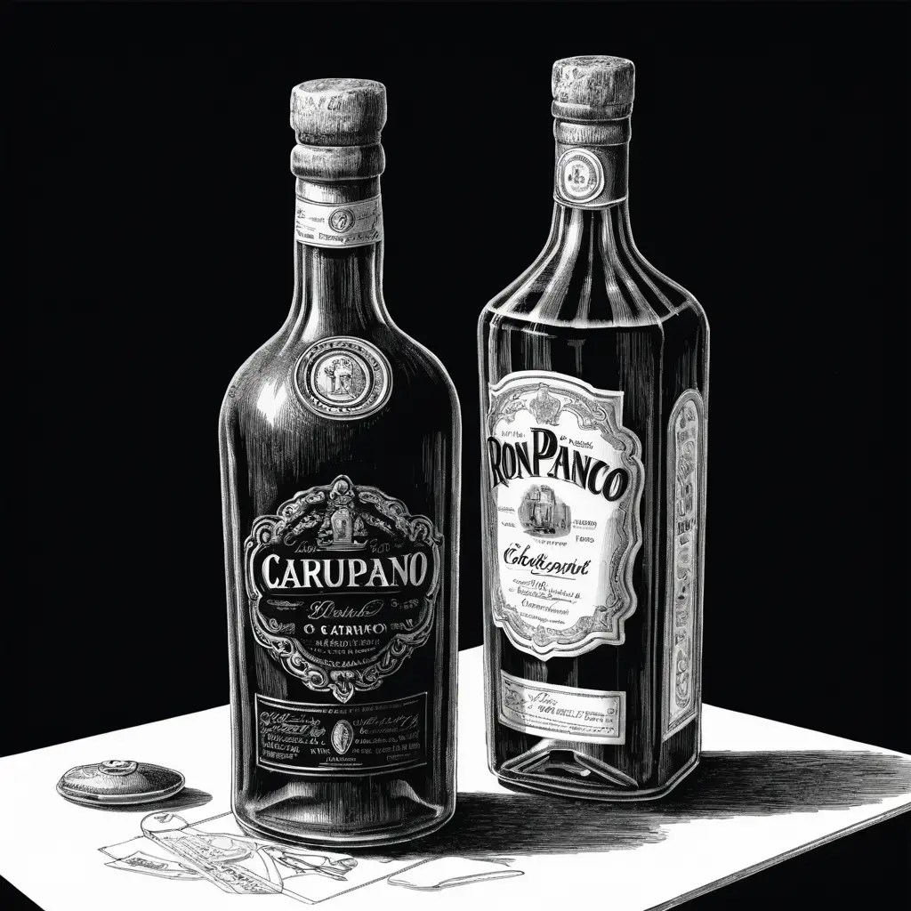 Handgezeichnete Schwarz-Weiß-Illustration einer Rumflasche