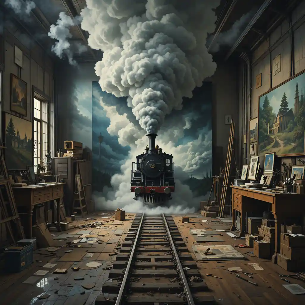 Treno surreale che esplode dalla tela in uno studio d’arte pieno di nebbia