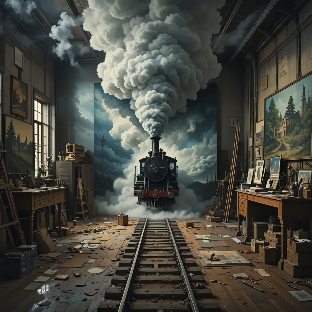 Surrealer Zug, der aus einer Leinwand in einem nebelgefüllten Atelier bricht