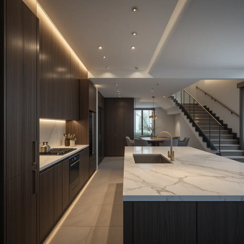 Cucina moderna di lusso con isola in marmo e illuminazione calda