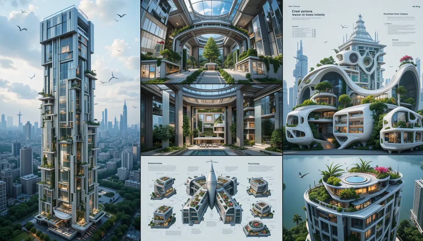 Futuristischer ökologischer Megatower mit vertikalen Gärten und Turbinen