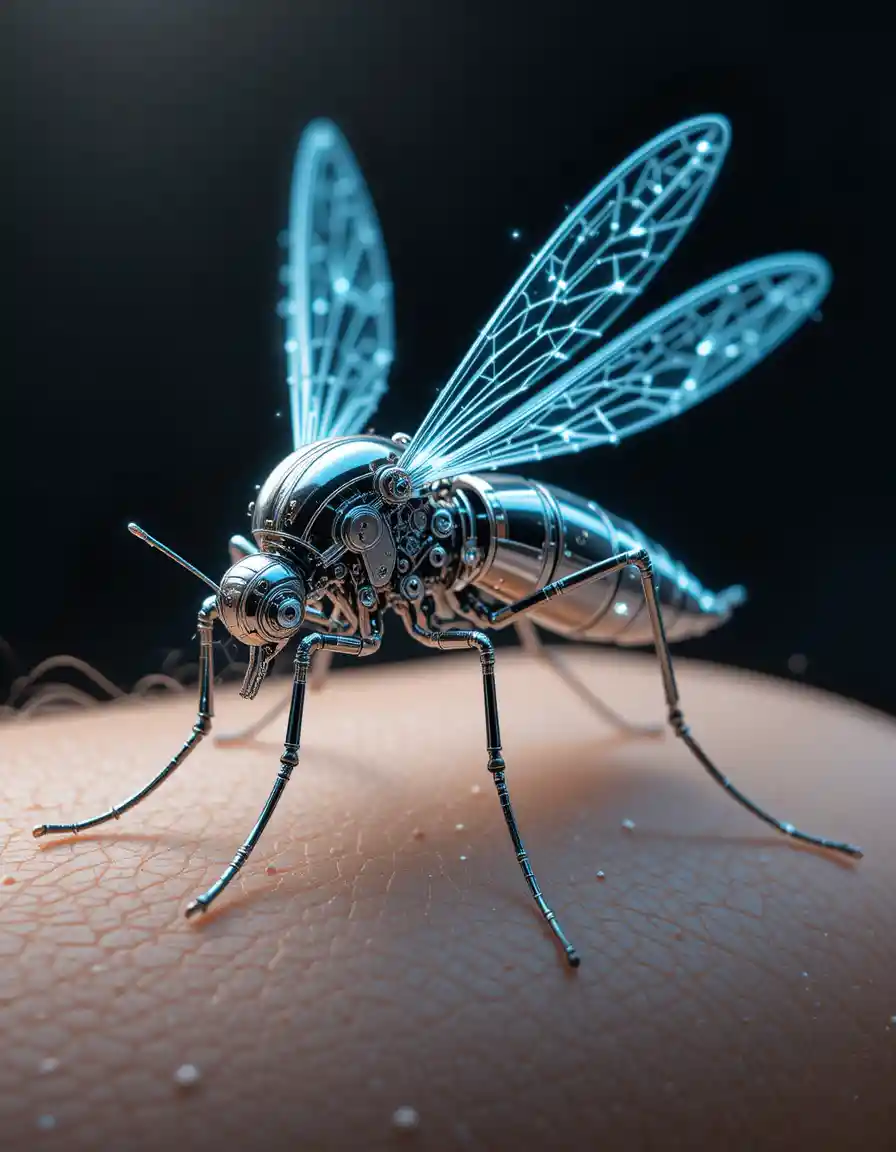 Technical illustration of a micro robotic mosquito on skin