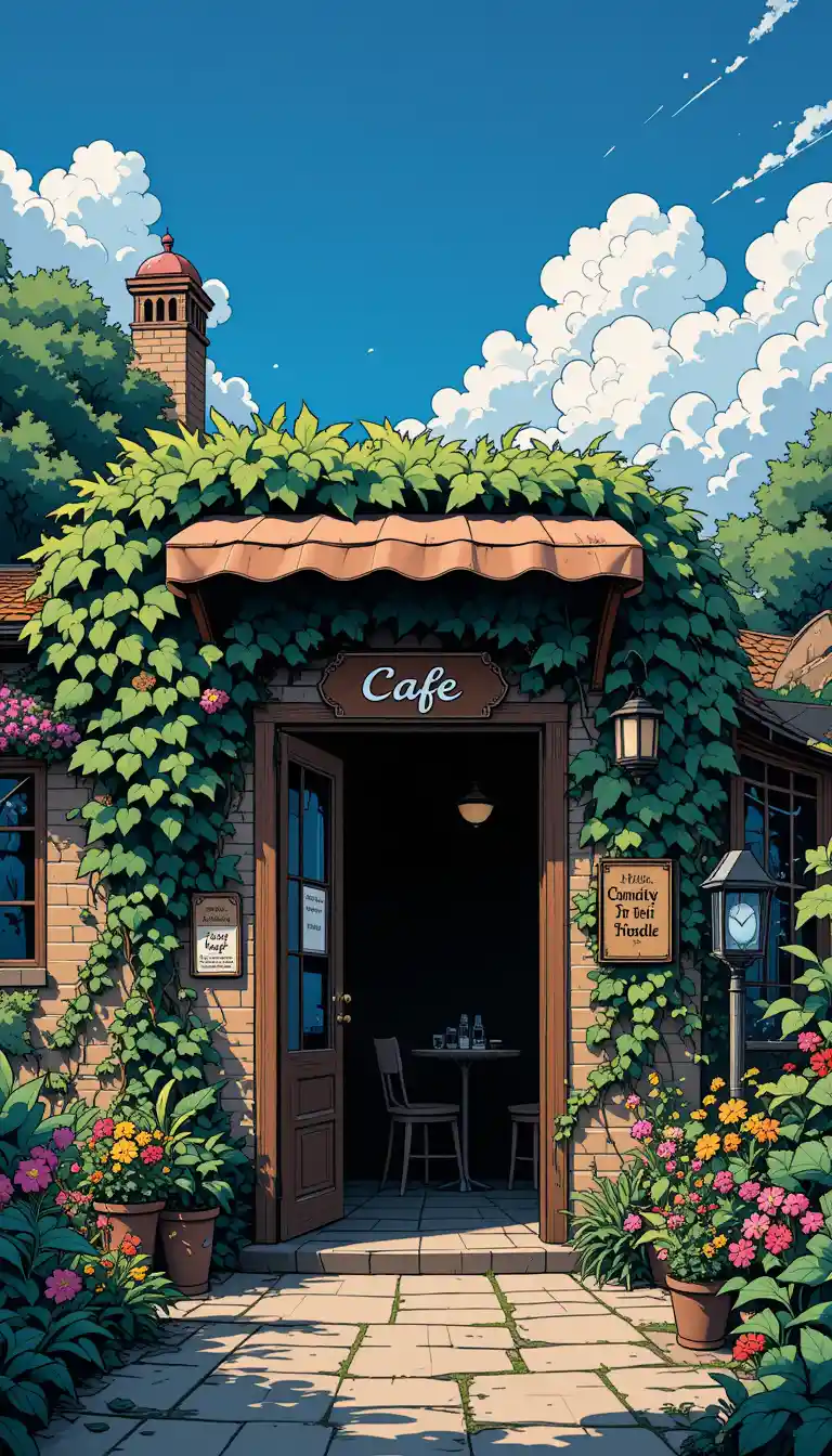 Facciata di caffè di strada in stile cartoon con porta aperta ed edera