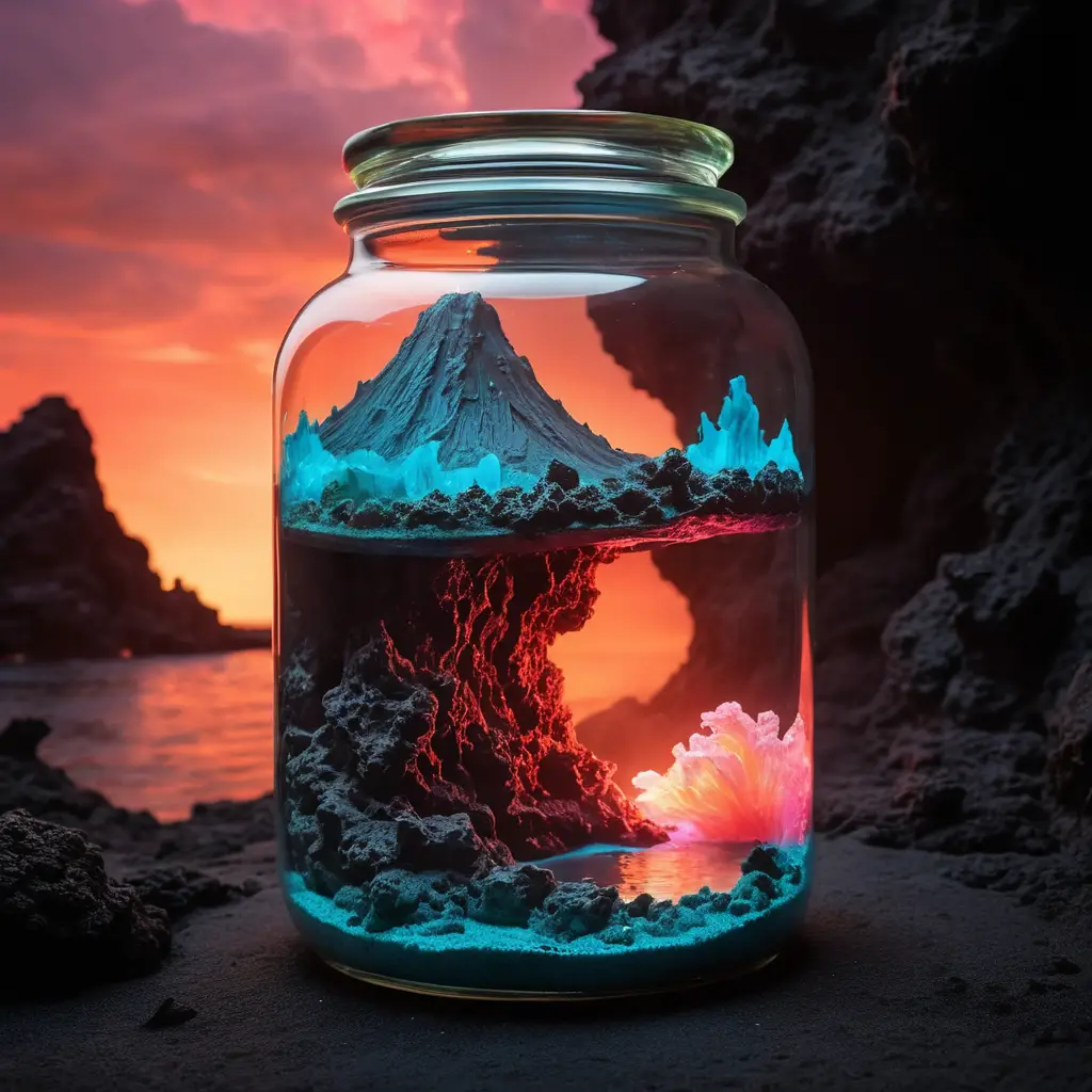 盛裝噴發火山與寧靜大海的發光玻璃罐