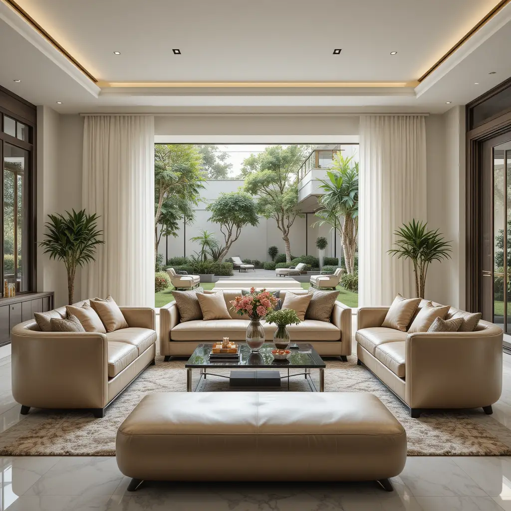 Salon moderne avec canapé gris et vue sur le jardin