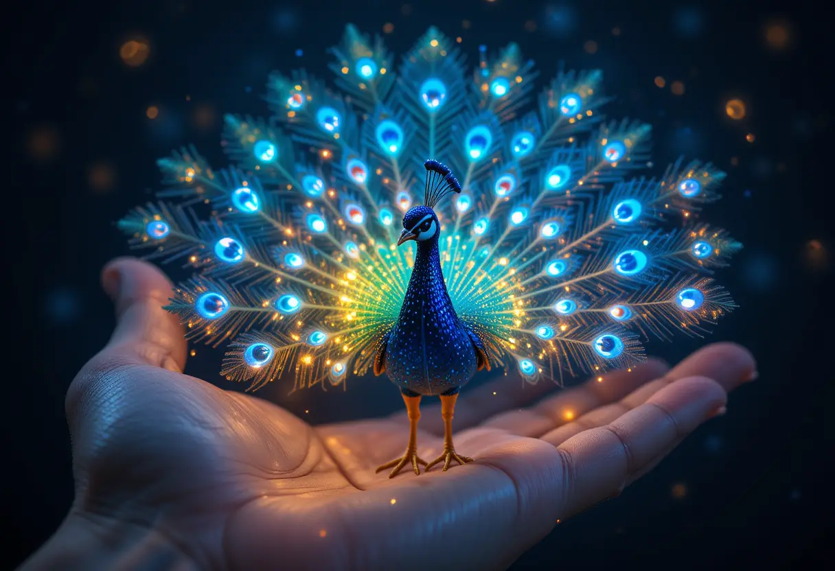 Tiny glowing peacock resting in a human hand