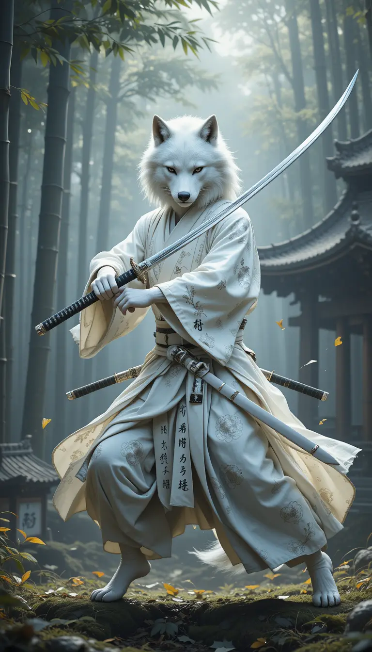 竹林を刀を携えて歩く白い狼の侍