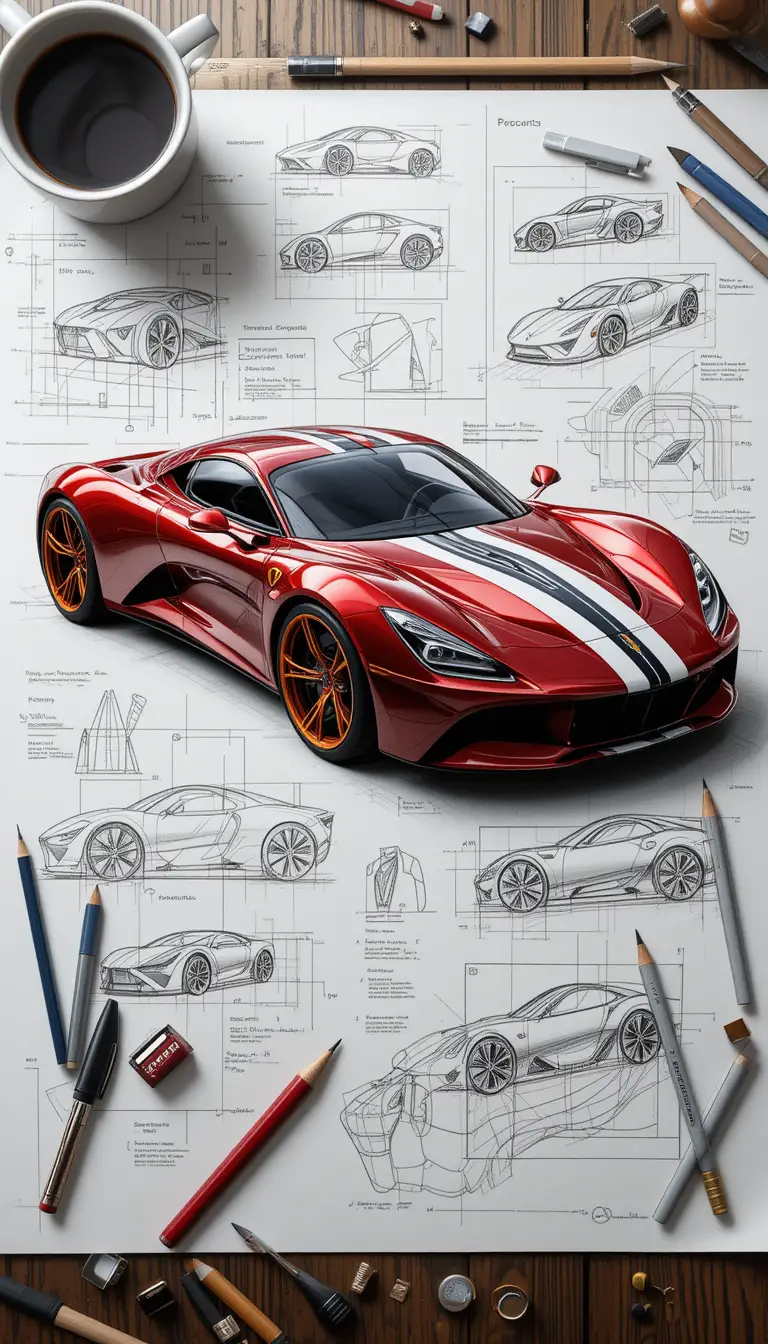 Ilustração de carro esportivo vermelho com esboços técnicos ao redor