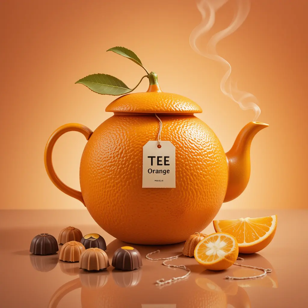 Bule de chá laranja com vapor em fundo quente e reflexivo