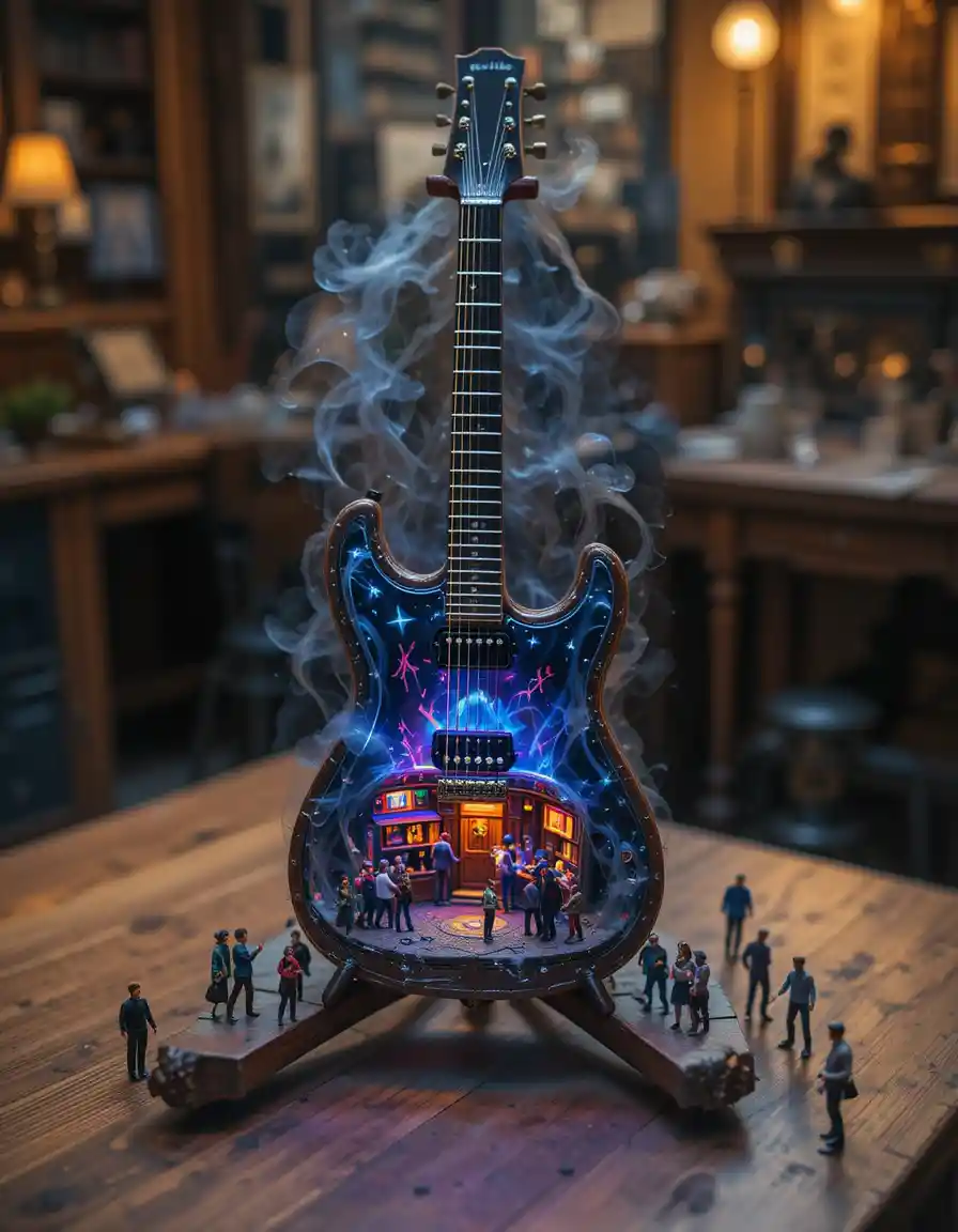 Nightclub in miniatura dentro di una chitarra in piedi di notte