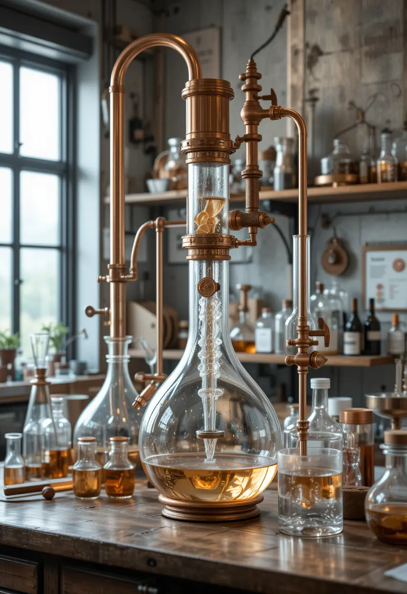 Distillateur de Laboratoire en Cuivre et Verre en Illustration Numérique