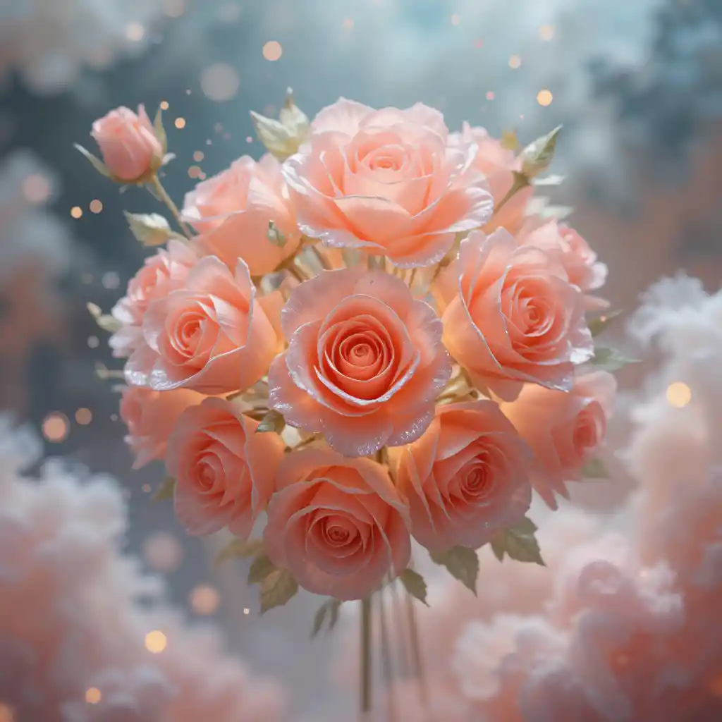 ロマンチックな3Dワックスローズの花束と夢のような水彩シーン