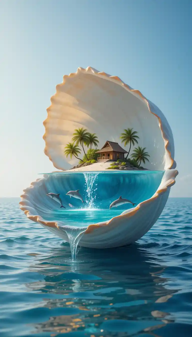 Isola a forma di conchiglia surreale con cascata e delfini all'interno