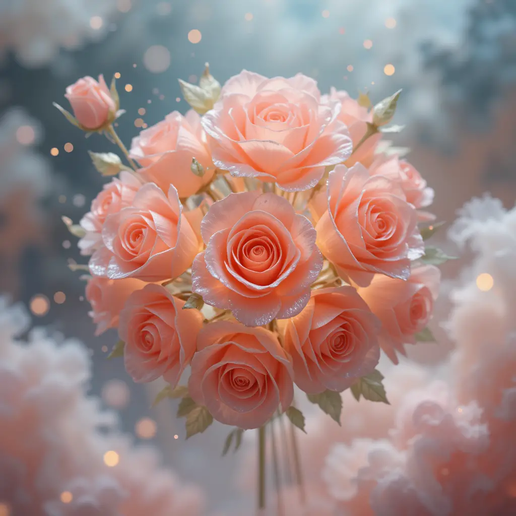 ロマンチックな3Dワックスローズの花束と夢のような水彩シーン
