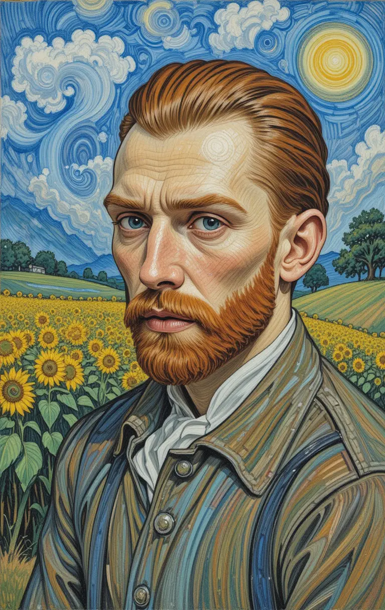Dipinto impressionista di girasoli in una tranquilla scena di campagna