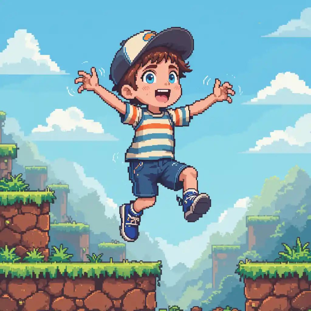 Aufgeregter Pixelkunst-Junge, der in einer Retro-Spielwelt springt