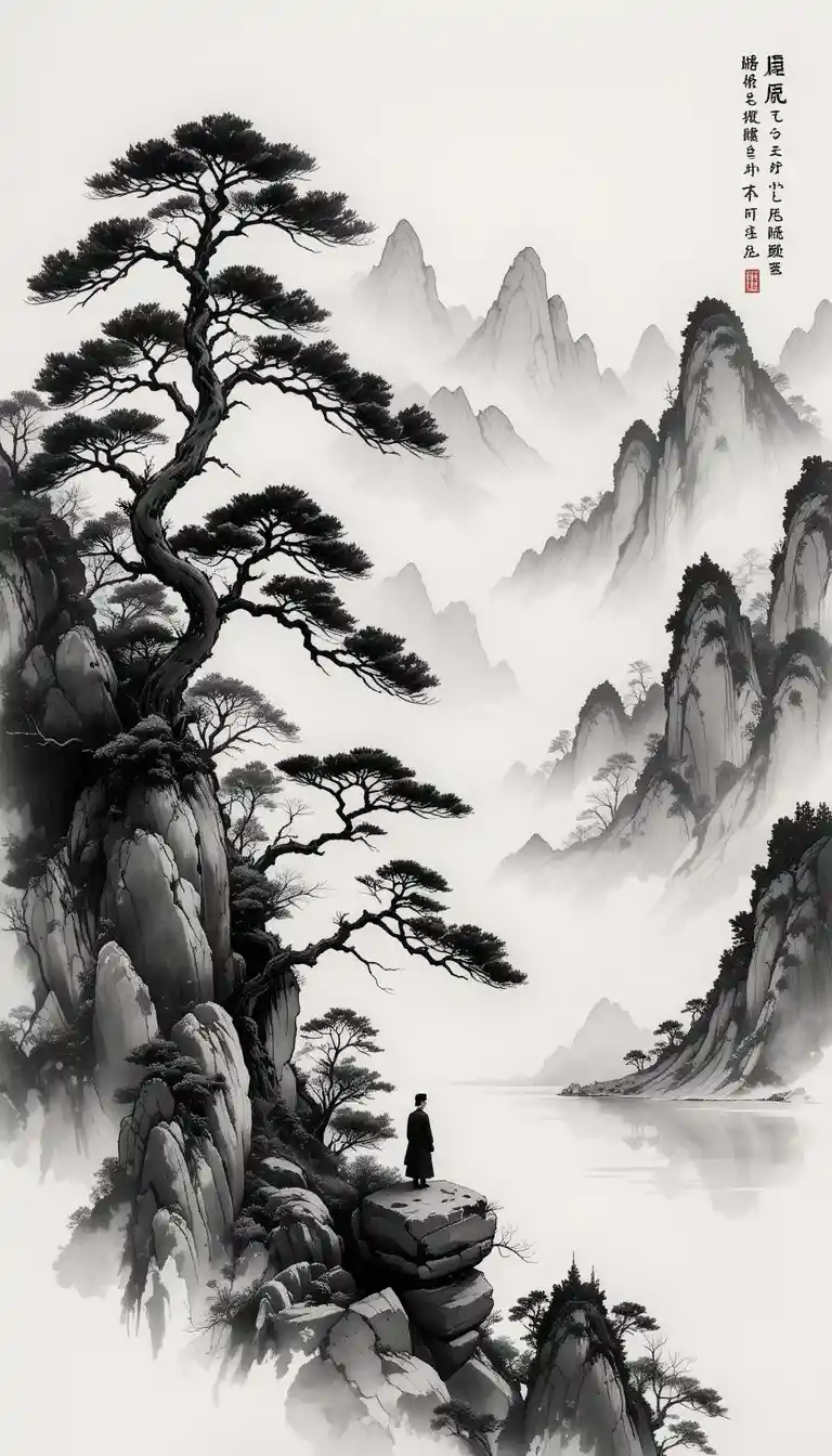 寧靜水墨山景與沉思學者