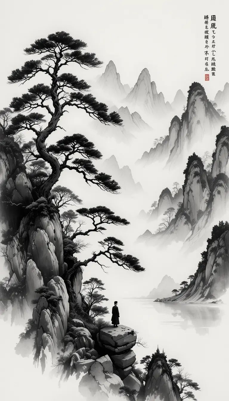 寧靜水墨山景與沉思學者