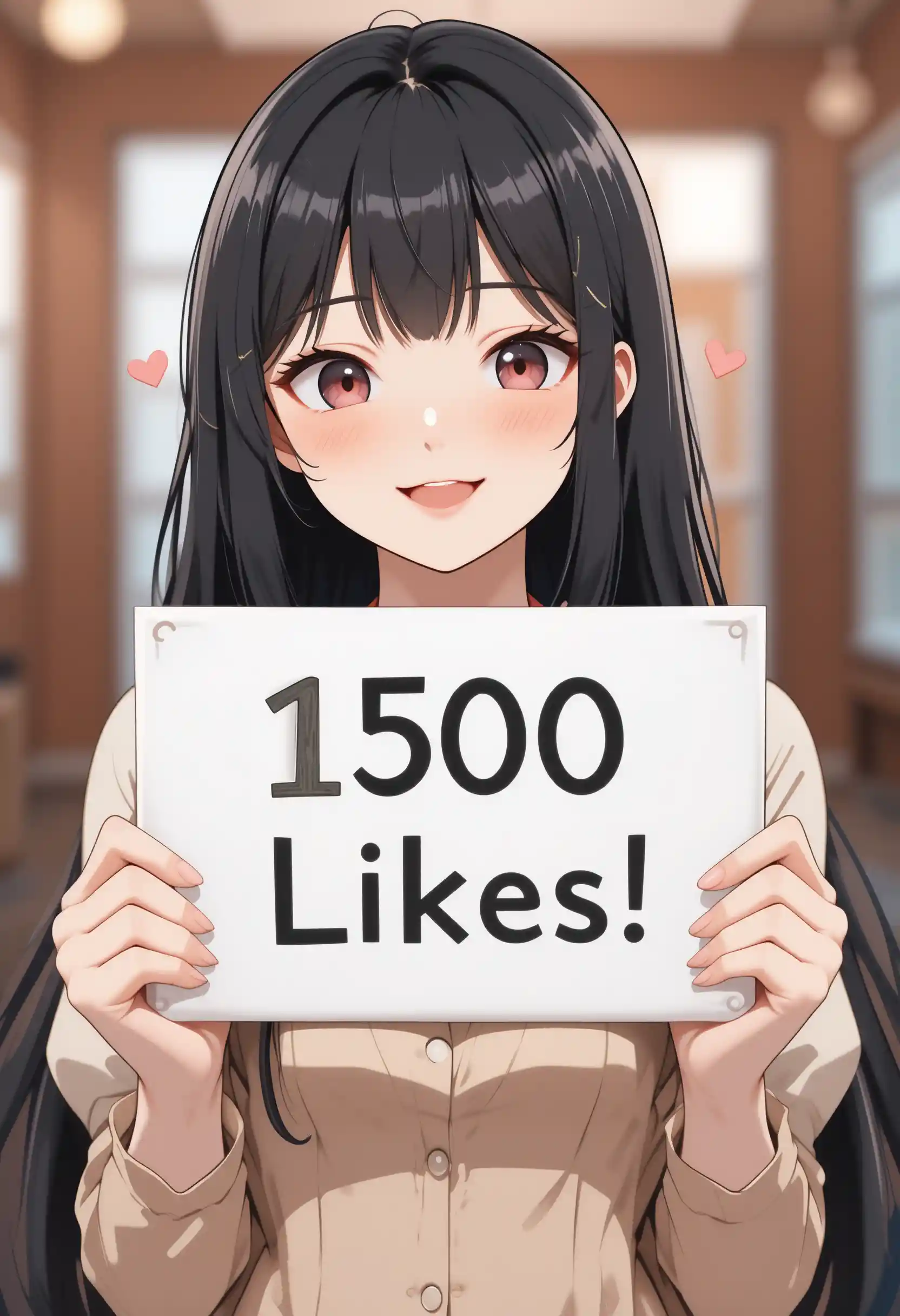 1500いいねのサインを持って笑うアニメ少女