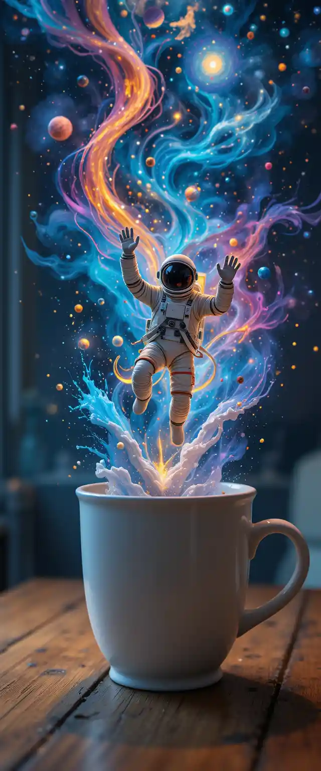 Colorful abstract astronaut floating in a cup on table