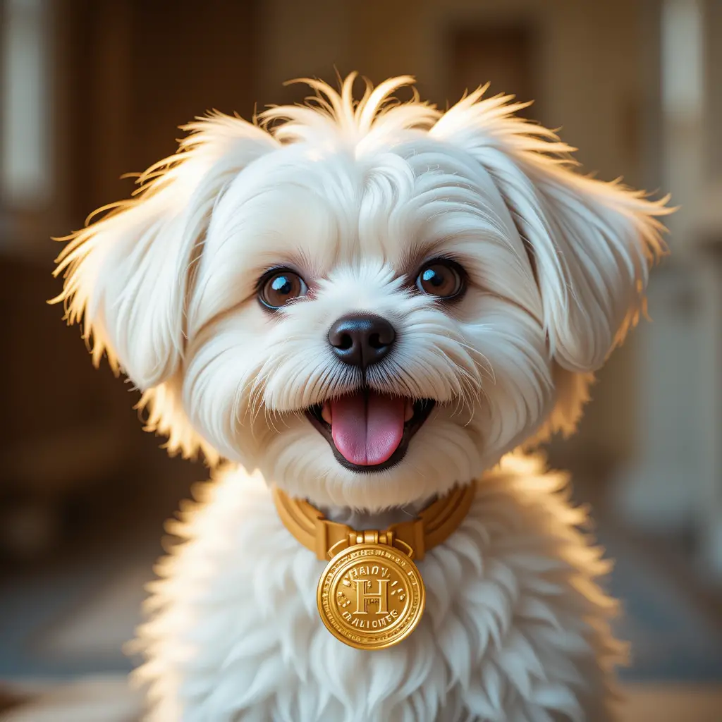 Cão maltês alegre com uma medalha de ouro brilhante