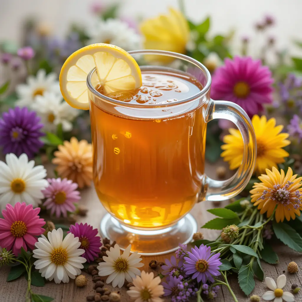 Caneca de vidro com chá de limão quente, flores e ervas