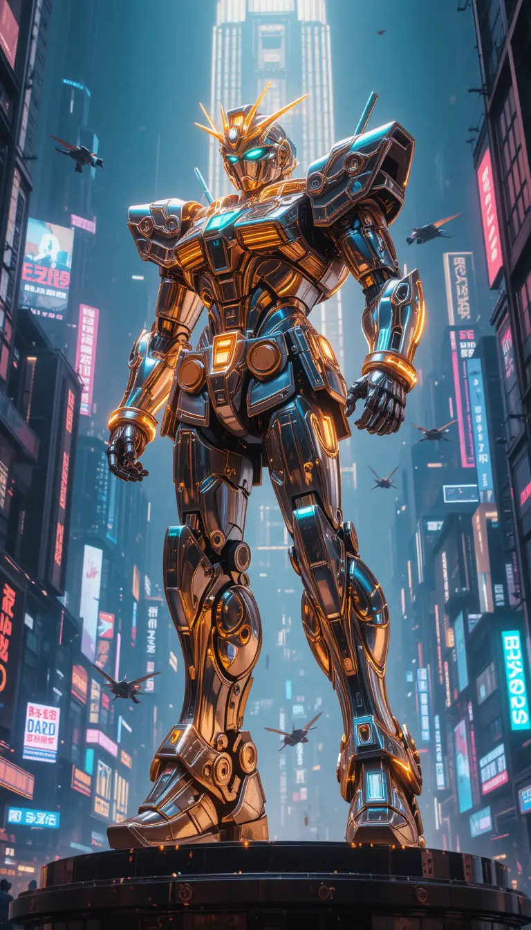 Neon-holographische Roboterstatue in einer Cyberpunk-Stadtkulisse