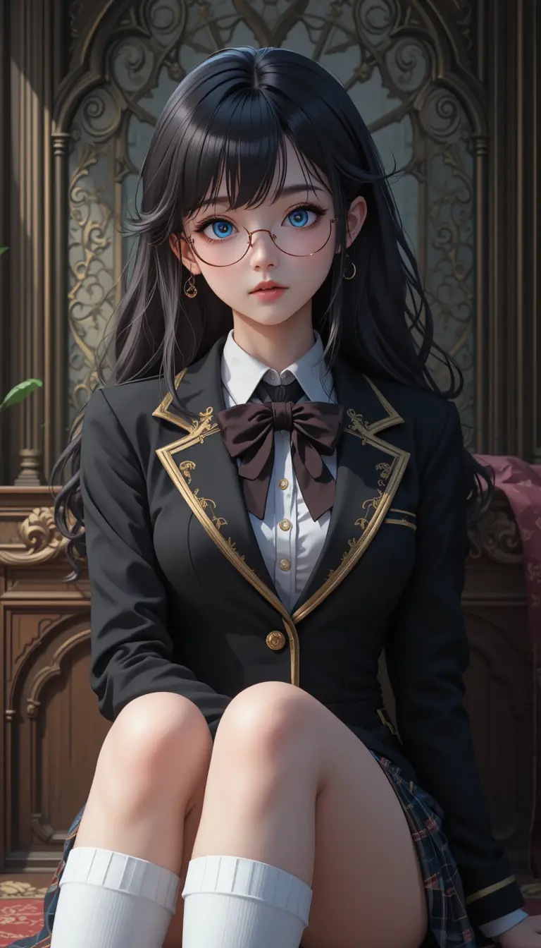 Anime girl portrait with baroque school uniform and glasses