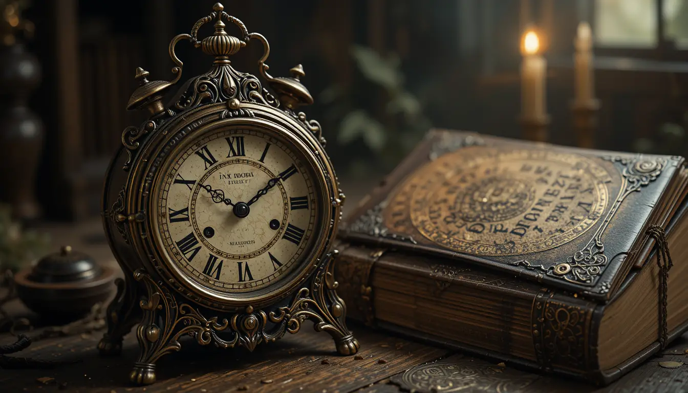Antike Uhr und Zauberbuch im mystisch leuchtenden Stillleben