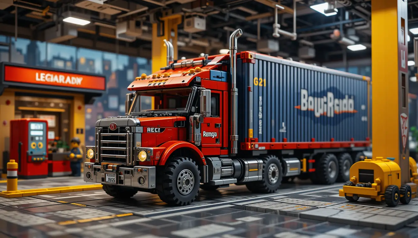 Lego-Supertruck an einer Tankstelle in der Bausteinwelt
