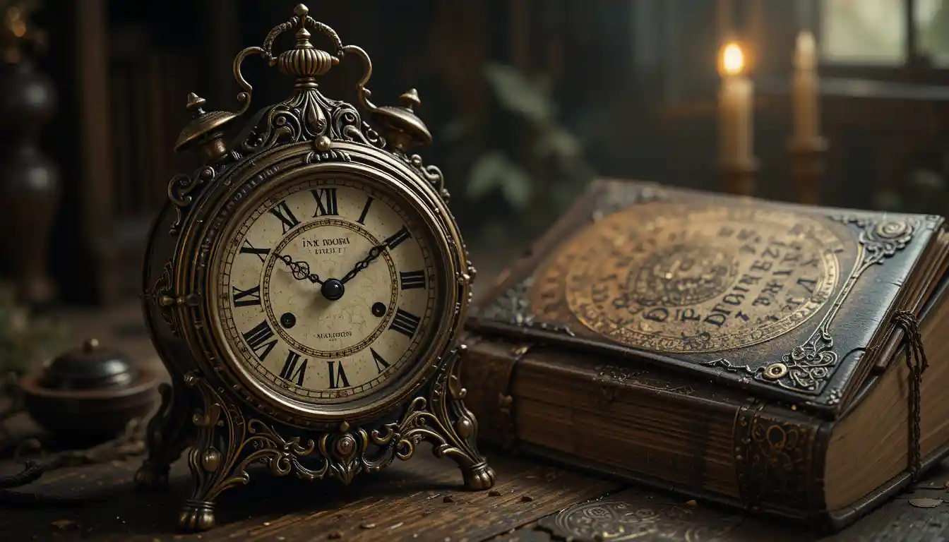 Orologio antico e libro di magia in una natura morta dal bagliore mistico