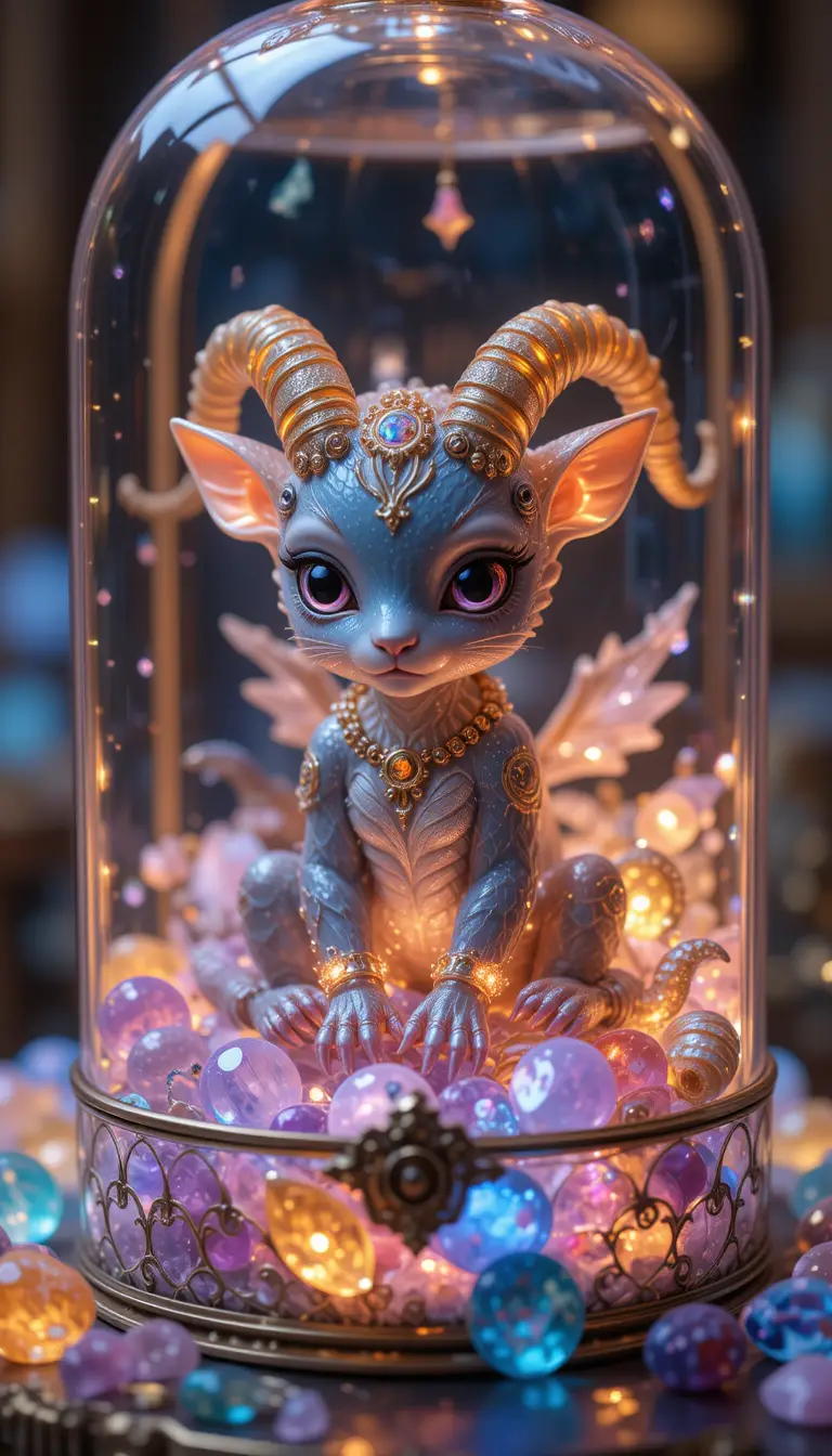 Chimera bebé in miniatura in un cofanetto portagioie di vetro luminoso