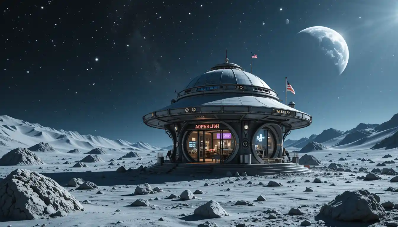 Umbrella boutique on a cyberpunk lunar station with Earth above