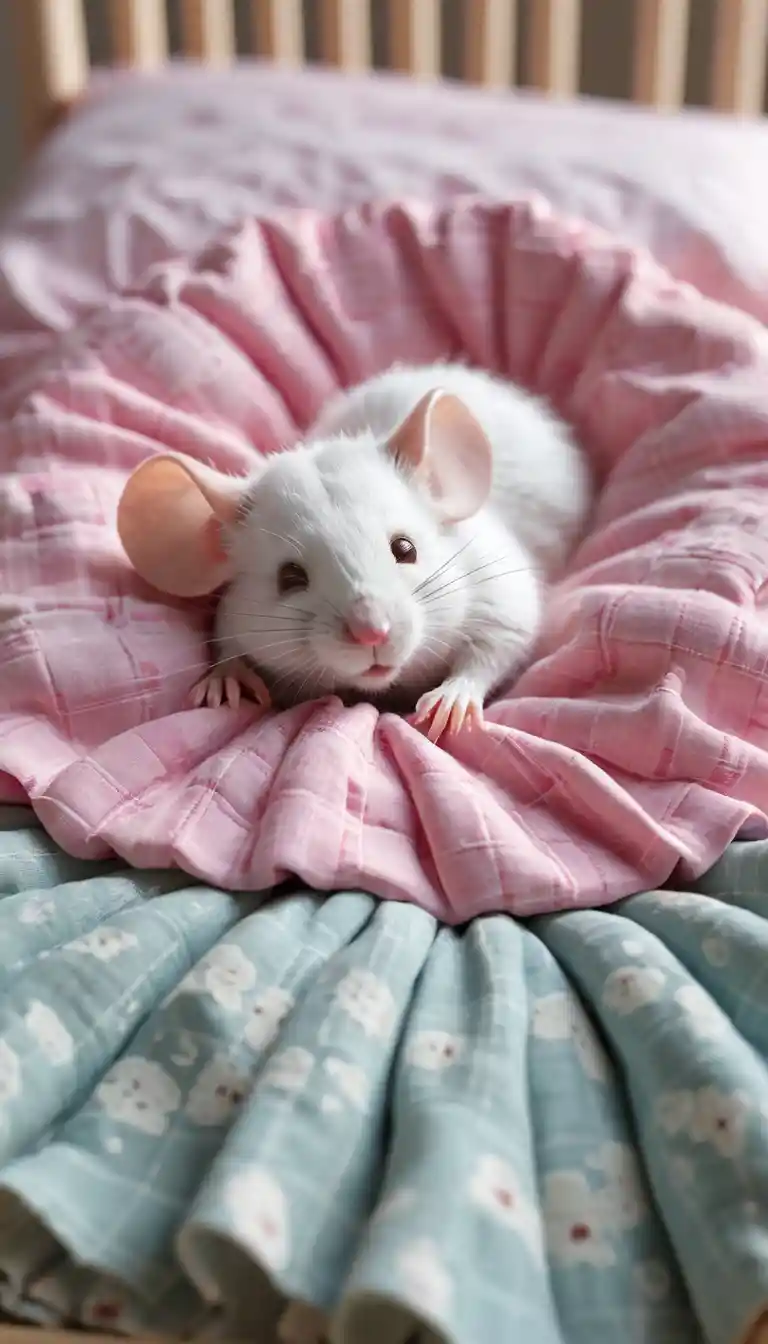 Adorable ratoncito blanco durmiendo en una diminuta y acogedora cama de madera