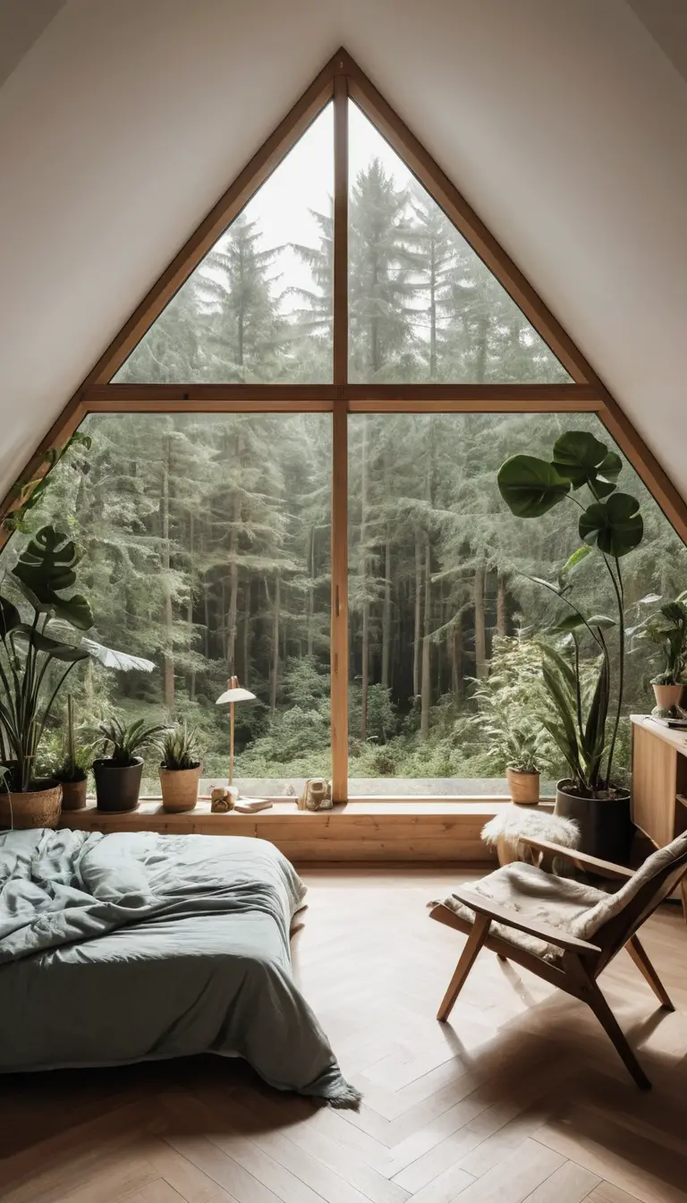 Chambre chaleureuse avec fenêtre triangulaire et vue sur la forêt