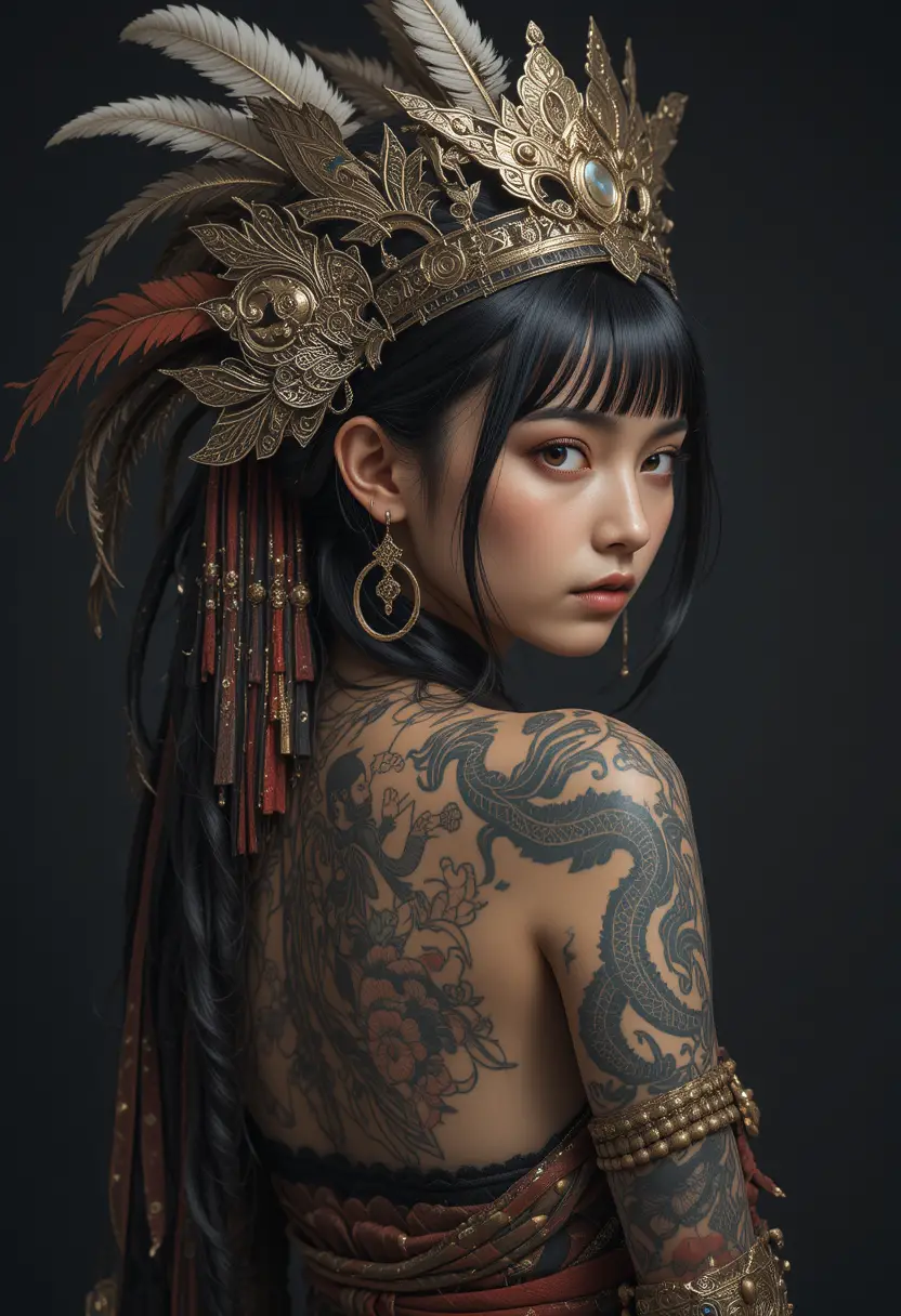 Tattooed shaman woman with feathers and black hair
