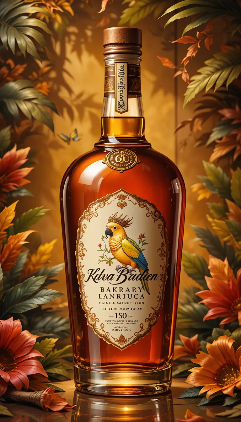 Elegante Rumflasche mit goldener Papageien-Etikettenillustration