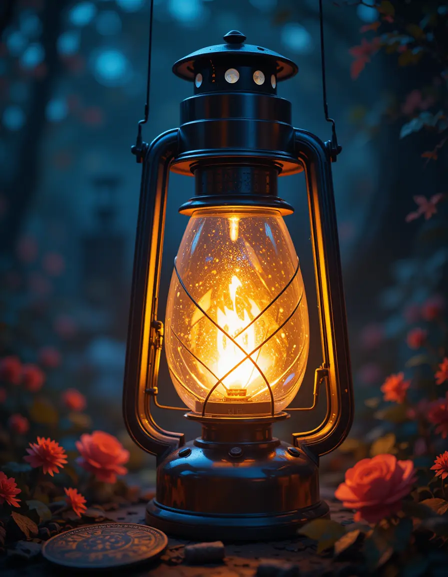 Gros plan d’une lanterne lumineuse sur un fond bleu nuit onirique