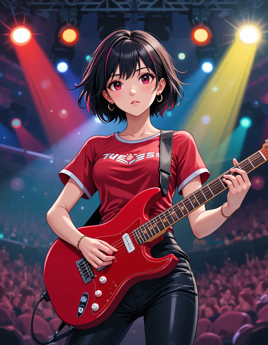 Fille guitariste d’anime sur scène avec des lumières colorées