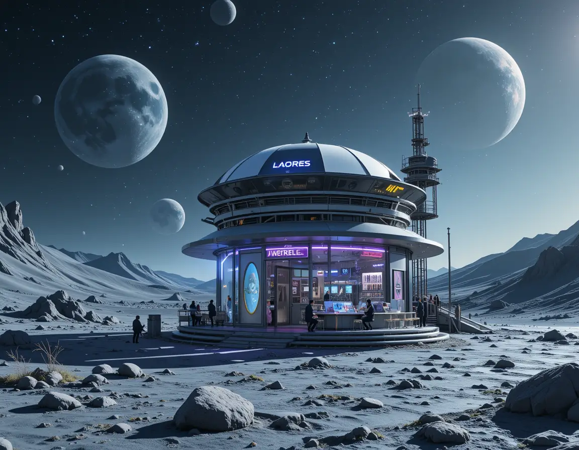 Schirm-Boutique auf einer futuristischen Mondstation mit Blick auf die Erde