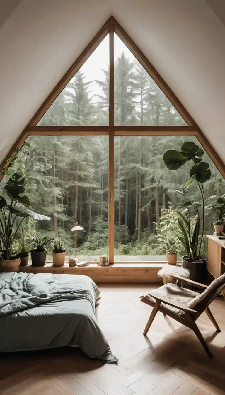 Cozy bedroom with triangle window and forest view